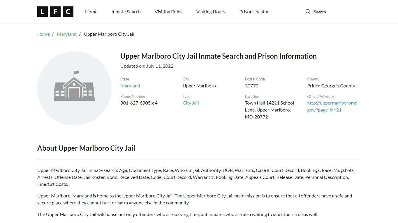 Upper Marlboro City Jail Inmate Search, Visitation, Phone ...